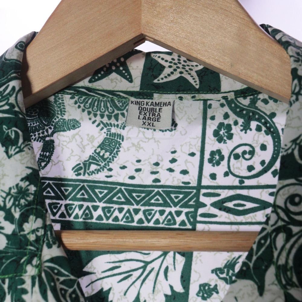 Vintage Hawaiian Shirt Green Turtle Geometric Men 2XL Short Sleeve Button Up - Picture 5 of 8